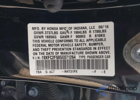2016 Honda Civic Lx из США, поврежденный, VIN 19XFC2F50GE071264